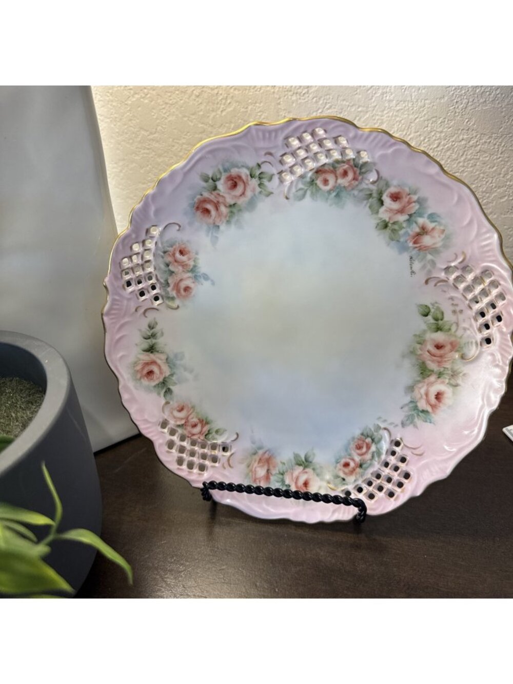 Antique Hand Painted Roses Porcelain Reticulated Plate Signed Helen Ellsworth